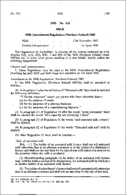 The Milk (Amendment) Regulations (Northern Ireland) 1985