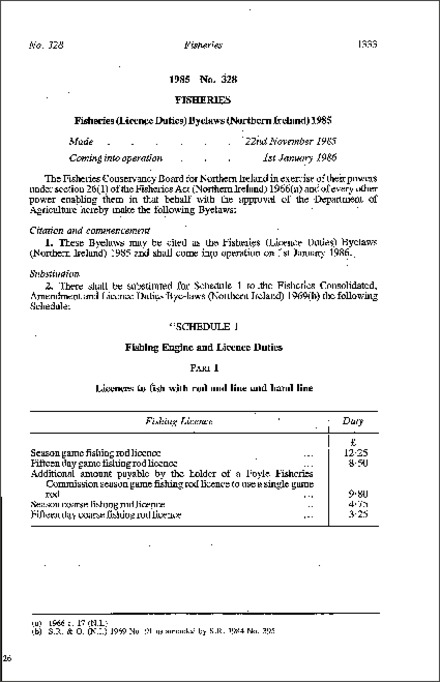 The Fisheries (Licence Duties) Byelaws (Northern Ireland) 1985