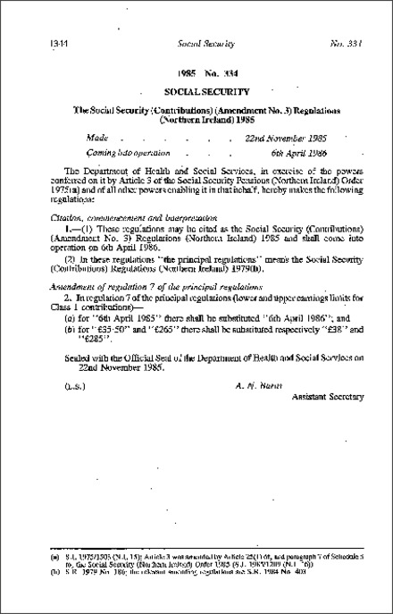 The Social Security (Contributions) (Amendment No. 3) Regulations (Northern Ireland) 1985