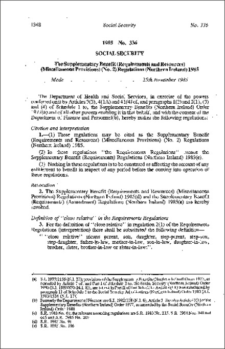 The Supplementary Benefit (Requirements and Resources) (Miscellaneous Provisions) (No. 2) Regulations (Northern Ireland) 1985