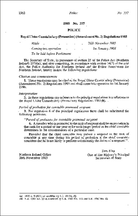 The Royal Ulster Constabulary (Promotion) (Amendment No. 2) Regulations (Northern Ireland) 1985