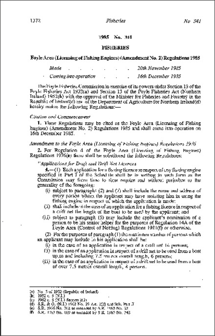 The Foyle Area (Licensing of Fishing Engines) (Amendment No. 2) Regulations (Northern Ireland) 1985