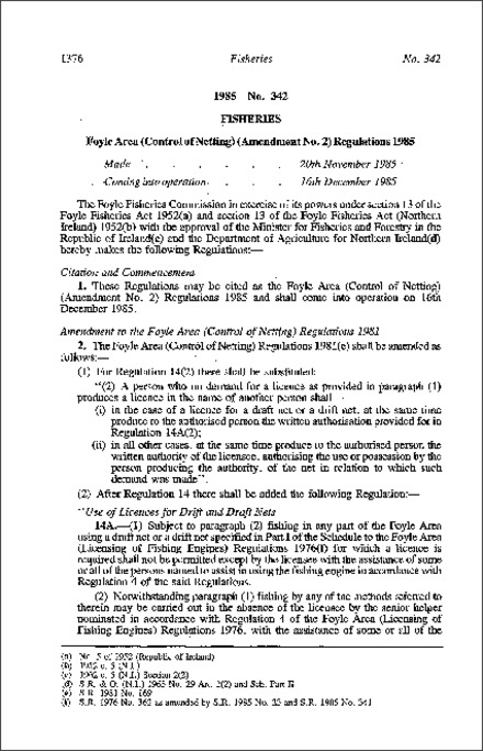 The Foyle Area (Control of Netting) (Amendment No. 2) Regulations (Northern Ireland) 1985