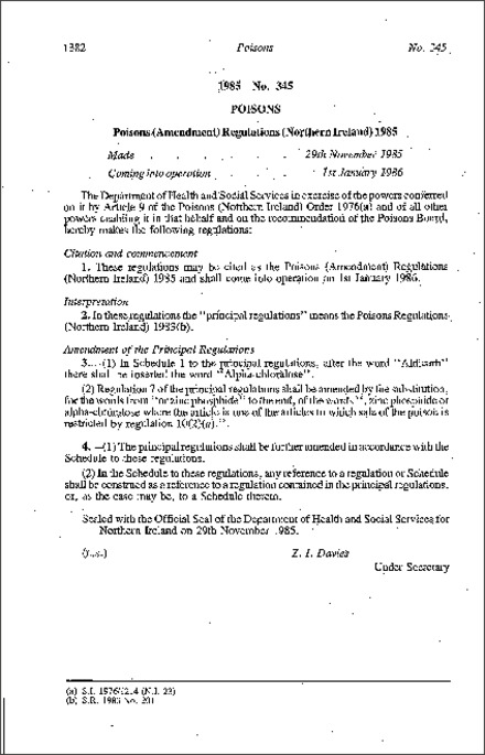 The Poisons (Amendment) Regulations (Northern Ireland) 1985