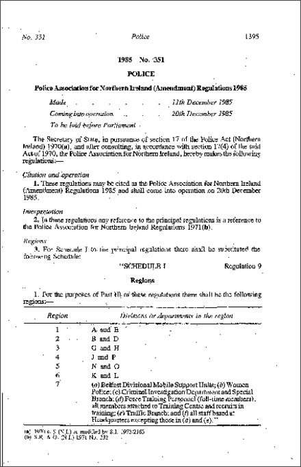 The Police Association for Northern Ireland (Amendment) Regulations (Northern Ireland) 1985