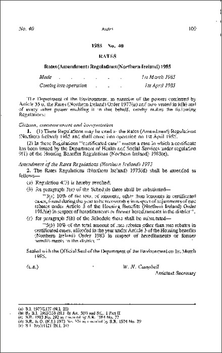The Rates (Amendment) Regulations (Northern Ireland) 1985