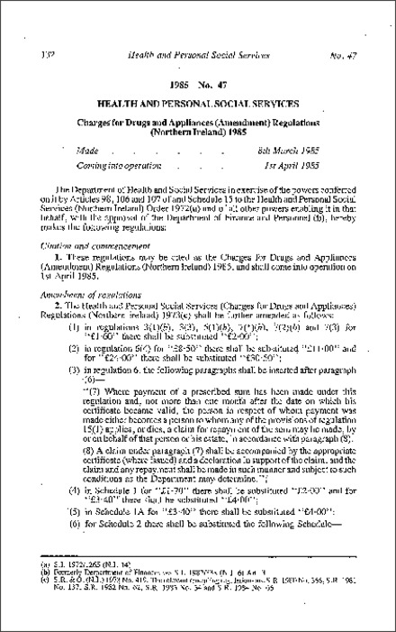 The Charges for Drugs and Appliances (Amendment) Regulations (Northern Ireland) 1985