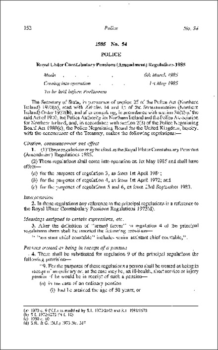 The Royal Ulster Constabulary Pensions (Amendment) Regulations (Northern Ireland) 1985