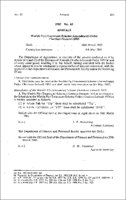 The Warble Fly (Treatment) Scheme (Amendment) Order (Northern Ireland) 1985