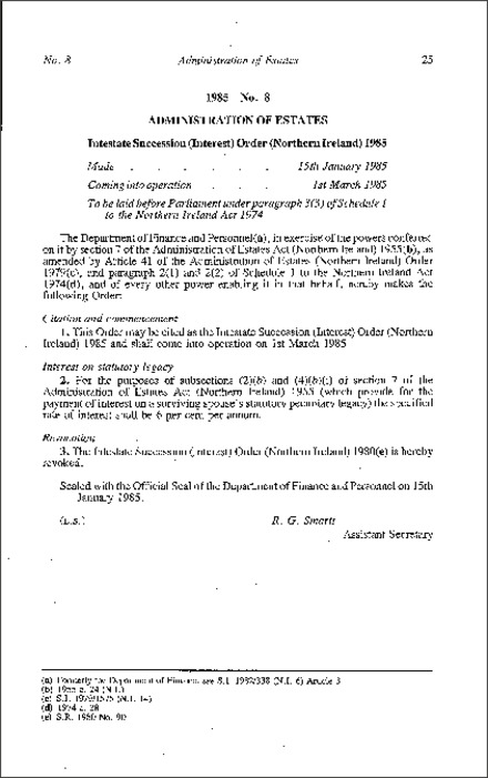 The Intestate Succession (Interest) Order (Northern Ireland) 1985