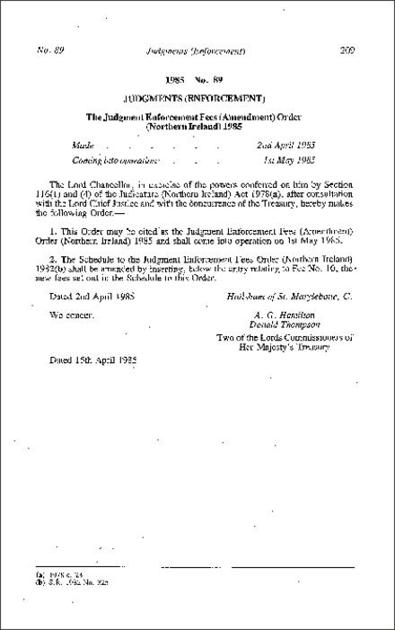 The Judgment Enforcement Fees (Amendment) Order (Northern Ireland) 1985