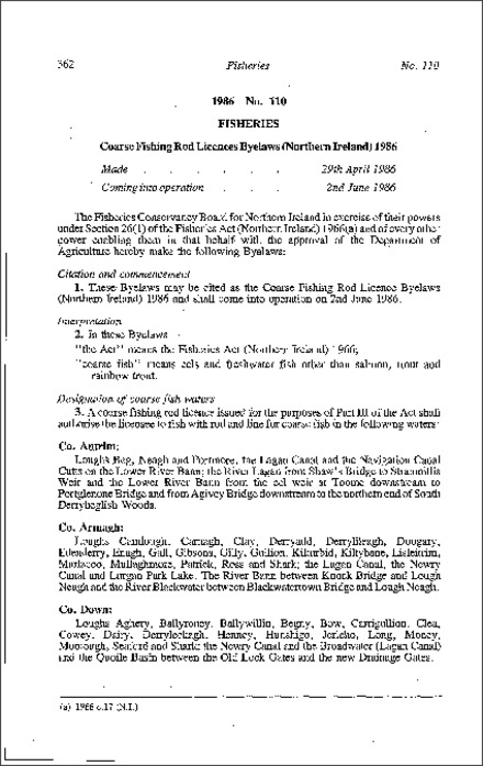 The Coarse Fishing Road Licences Byelaws (Northern Ireland) 1986