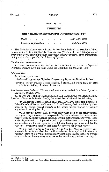 The Drift Net Licence Control Byelaws (Northern Ireland) 1986