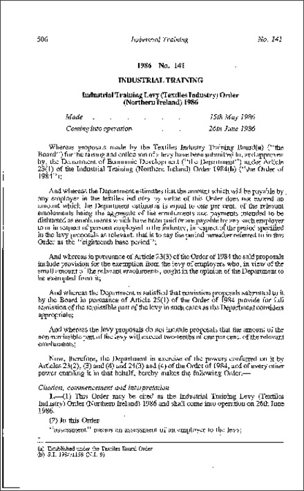 The Industrial Training Levy (Textiles Industry) Order (Northern Ireland) 1986