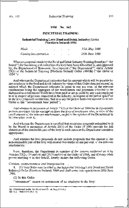 The Industrial Training Levy (Food and Drink Industry) Order (Northern Ireland) 1986