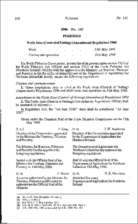 The Foyle Area (Control of Netting) (Amendment) Regulations (Northern Ireland) 1986