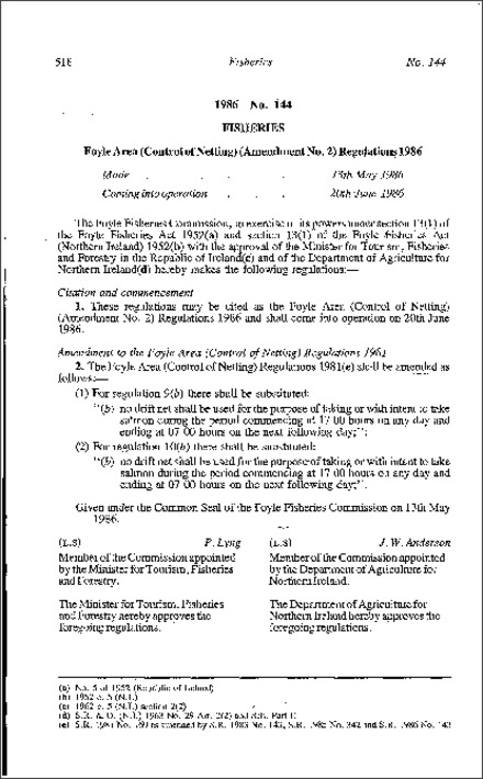 The Foyle Area (Control of Netting) (Amendment No. 2) Regulations (Northern Ireland) 1986
