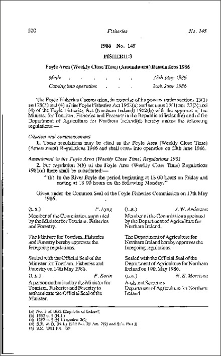 The Foyle Area (Weekly Close Time) (Amendment) Regulations (Northern Ireland) 1986