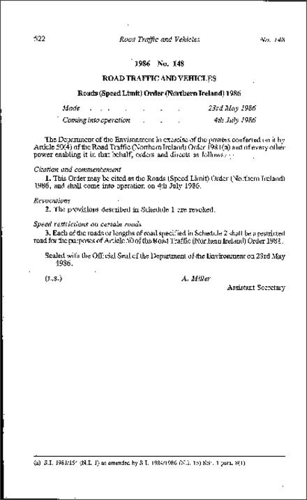 The Roads (Speed Limit) Order (Northern Ireland) 1986