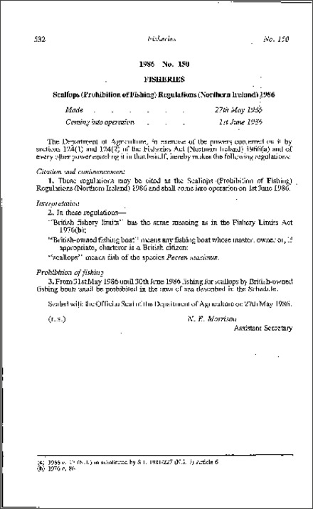 The Scallops (Prohibition of Fishing) Regulations (Northern Ireland) 1986