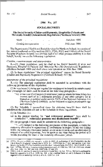 The Social Security (Claims and Payments, Hospital In-Patients and Maternity Benefit) (Amendment) Regulations (Northern Ireland) 1986