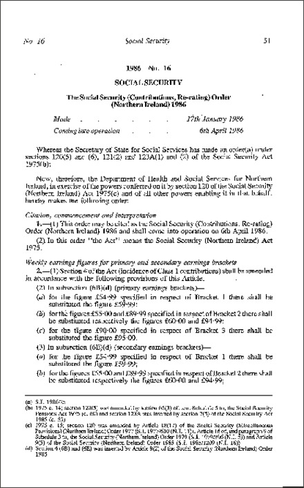 The Social Security (Contributions, Re-rating) Order (Northern Ireland) 1986