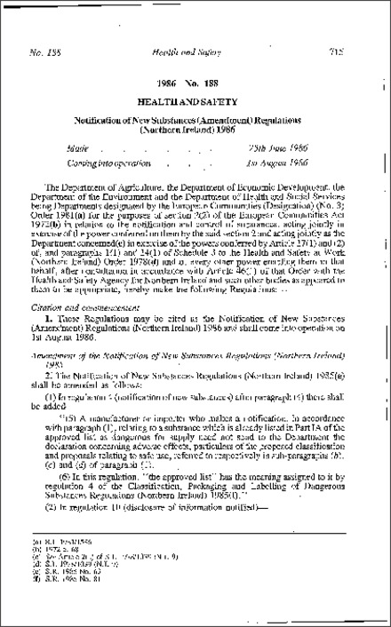 The Notification of New Substances (Amendment) Regulations (Northern Ireland) 1986