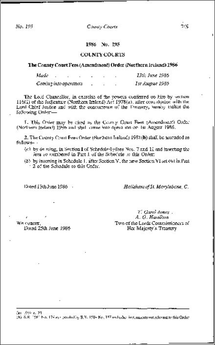 The County Court Fees (Amendment) Order (Northern Ireland) 1986