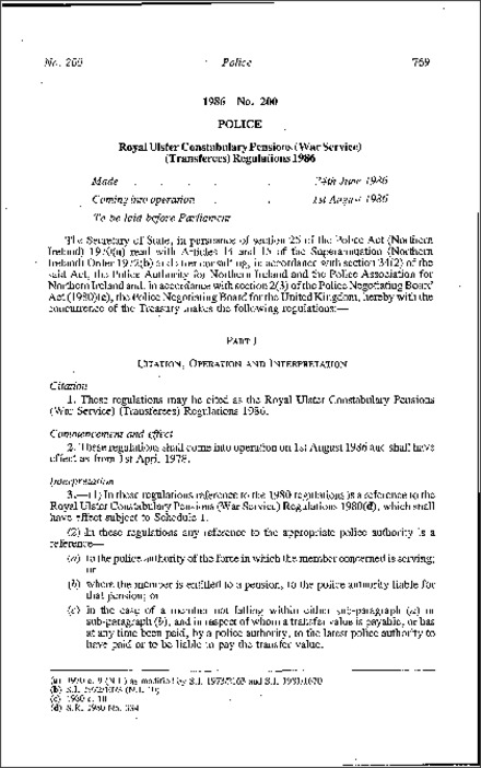 The Royal Ulster Constabulary Pensions (War Service) Transferees) Regulations (Northern Ireland) 1986