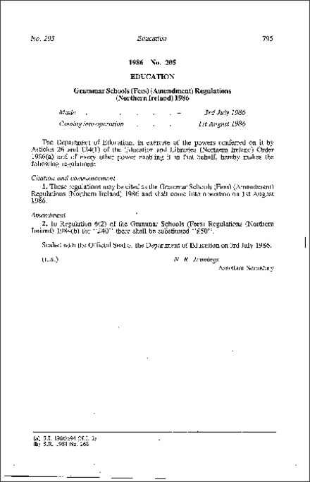 The Grammar Schools (Fees) (Amendment) Regulations (Northern Ireland) 1986