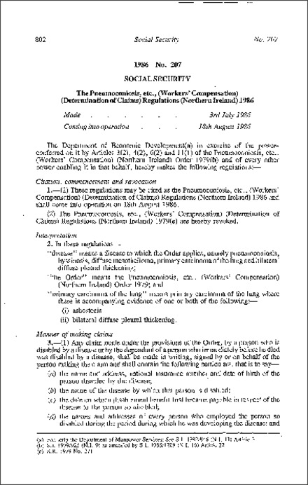 The Pneumoconiosis, etc., (Workers' Compensation) (Determination of Claims) Regulations (Northern Ireland) 1986
