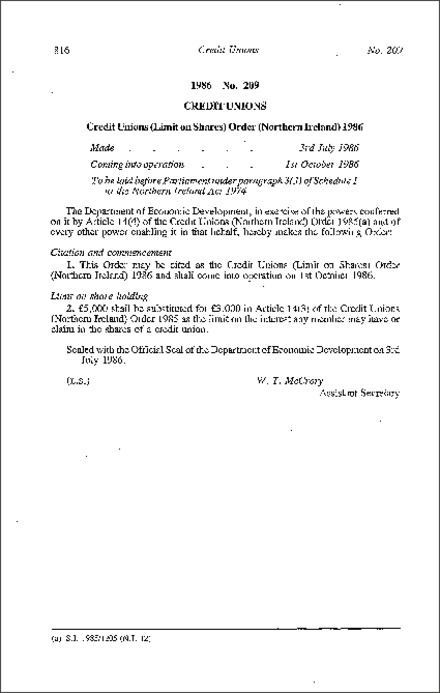 The Credit Unions (Limit on Shares) Order (Northern Ireland) 1986