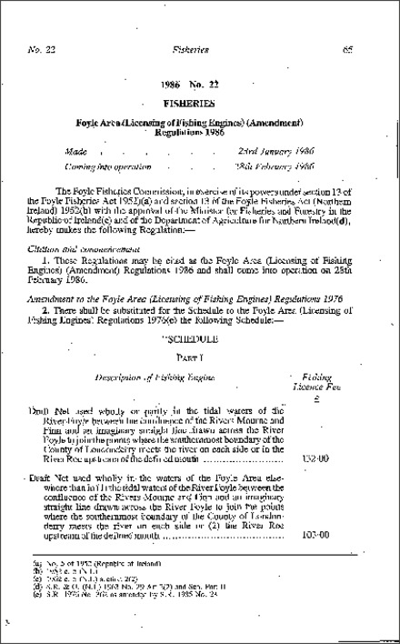 The Foyle Area (Licensing of Fishing Engines) (Amendment) Regulations (Northern Ireland) 1986
