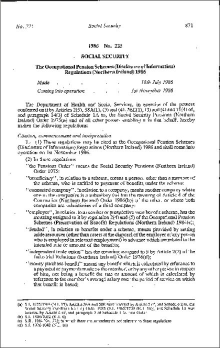 The Occupational Pension Schemes (Disclosure of Information) Regulations (Northern Ireland) 1986