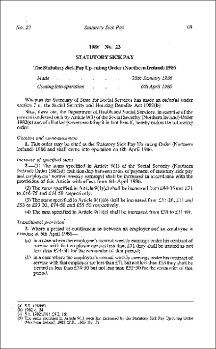 The Statutory Sick Pay Up-rating Order (Northern Ireland) 1986