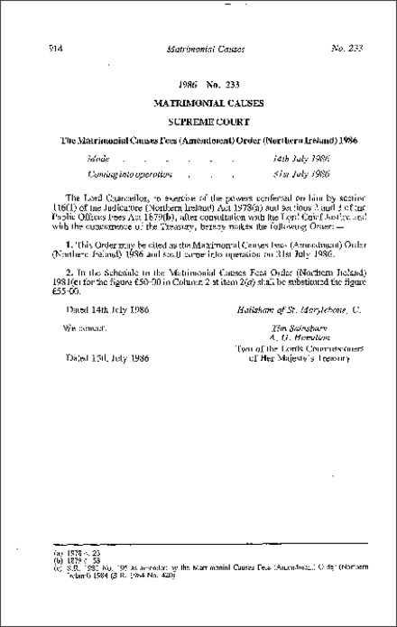 The Matrimonial Causes Fees (Amendment) Order (Northern Ireland) 1986