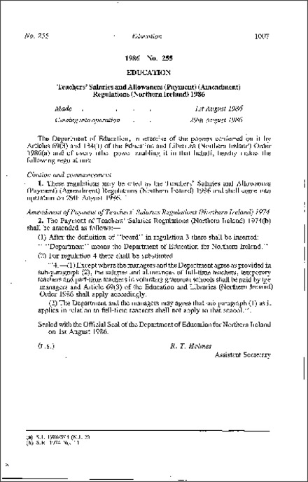 The Teachers' Salaries and Allowances (Payment) (Amendment) Regulations (Northern Ireland) 1986