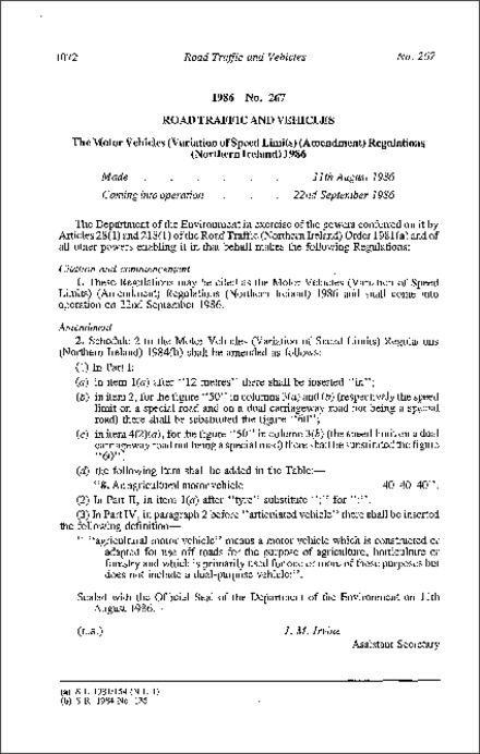 The Motor Vehicles (Variation of Speed Limits) (Amendment) Regulations (Northern Ireland) 1986