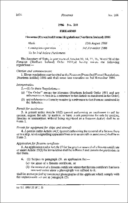 The Firearms (Prescribed Forms) Regulations (Northern Ireland) 1986