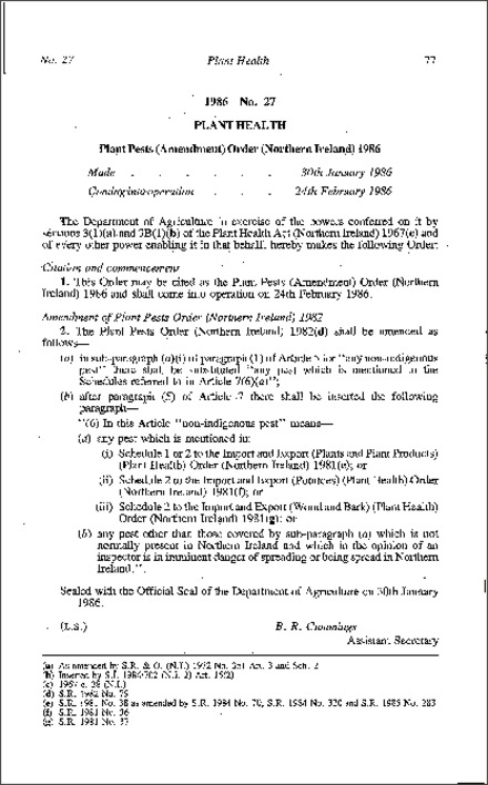 The Plant Pests (Amendment) Order (Northern Ireland) 1986