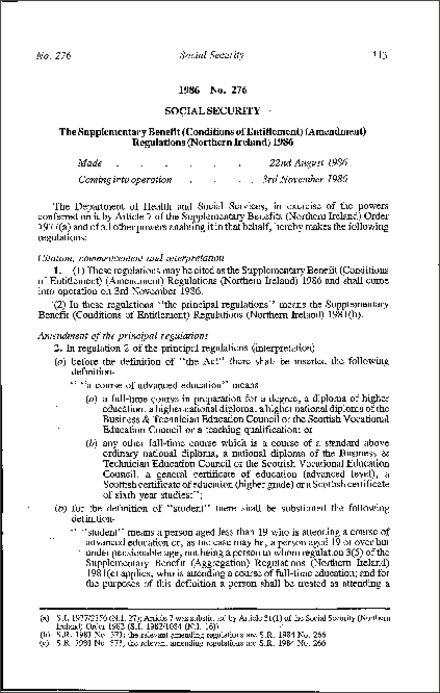 The Supplementary Benefit (Conditions of Entitlement) (Amendment) Regulations (Northern Ireland) 1986