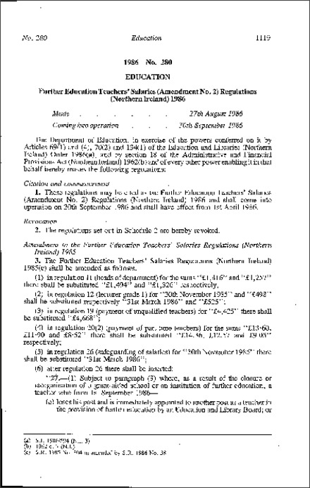 The Further Education Teachers' Salaries (Amendment No. 2) Regulations (Northern Ireland) 1986