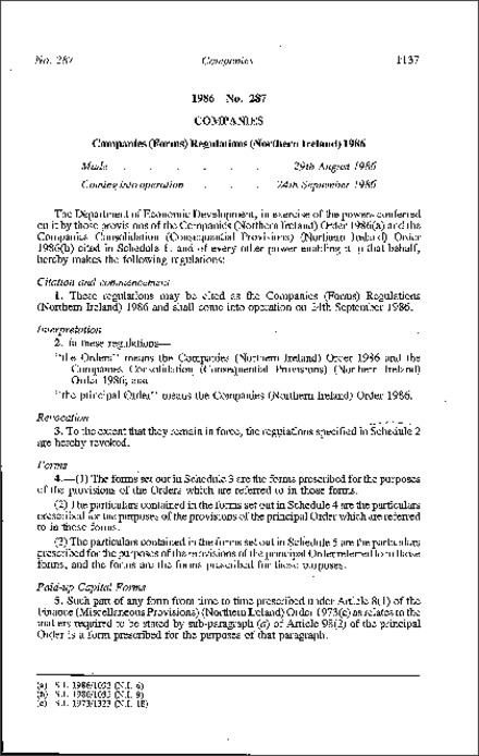 The Companies (Forms) Regulations (Northern Ireland) 1986