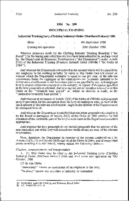 The Industrial Training Levy (Clothing Industry) Order (Northern Ireland) 1986