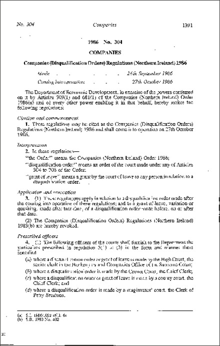 The Companies (Disqualification Orders) Regulations (Northern Ireland) 1986