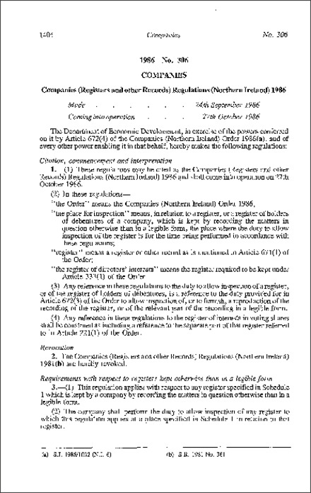 The Companies (Registers and other Records) Regulations (Northern Ireland) 1986