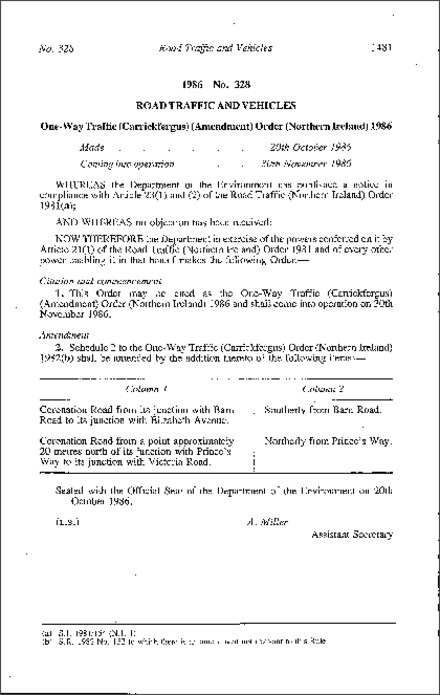 The One-way Traffic (Carrickfergus) (Amendment) Order (Northern Ireland) 1986