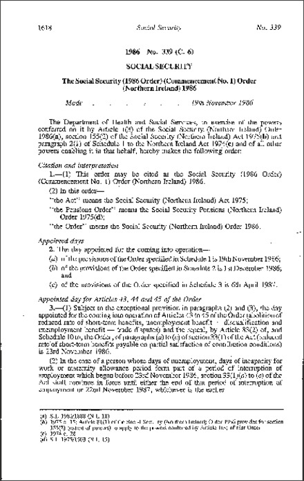 The Social Security (1986 Order) (Commencement No. 1) Order (Northern Ireland) 1986