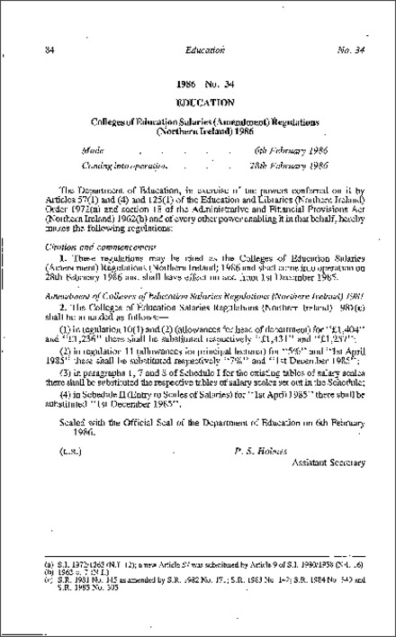 The Colleges of Education Salaries (Amendment) Regulations (Northern Ireland) 1986