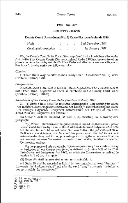 The County Court (Amendment No. 3) Rules (Northern Ireland) 1986